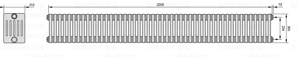 Схема (чертеж) Радиатор Zehnder Charleston 6030/48 №7610 Белый глянцевый RAL 9016